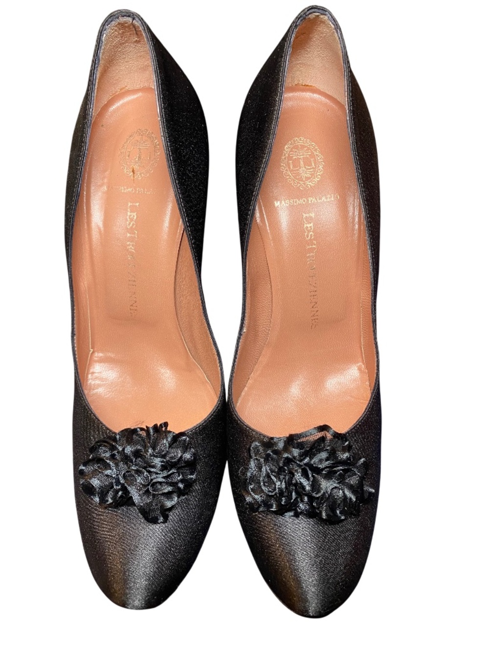 Les Tropeziennes Archival Black Silk Satin Floral Cocktail Heels IT 37 US 7